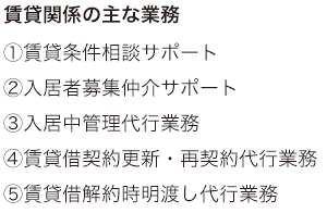 賃貸関係の主な業務 ①価格相談サポート（査定） ②入居者募集仲介サポート ③入居中管理代行業務 ④賃貸借契約更新・再契約代行業務 ⑤賃貸借解約時明渡し代行業務