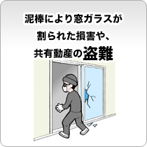 泥棒により窓ガラスが割られた損害や、共有動産の盗難